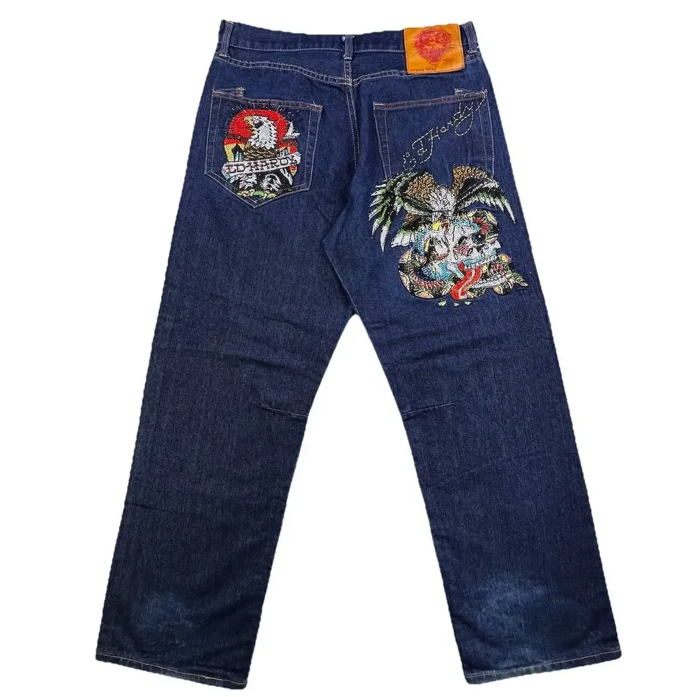 Christian Audigier Ed Hardy Jeans 36x32 Embroidered Rhinestone Skull Eagle